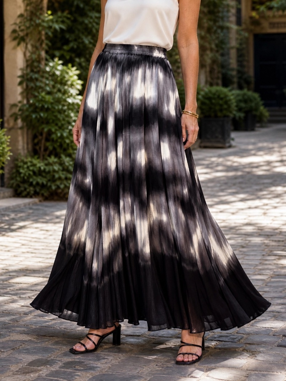 Antthony Originals Tie Dye Pleated Maxi Skirt M NWOT Black White Flowy